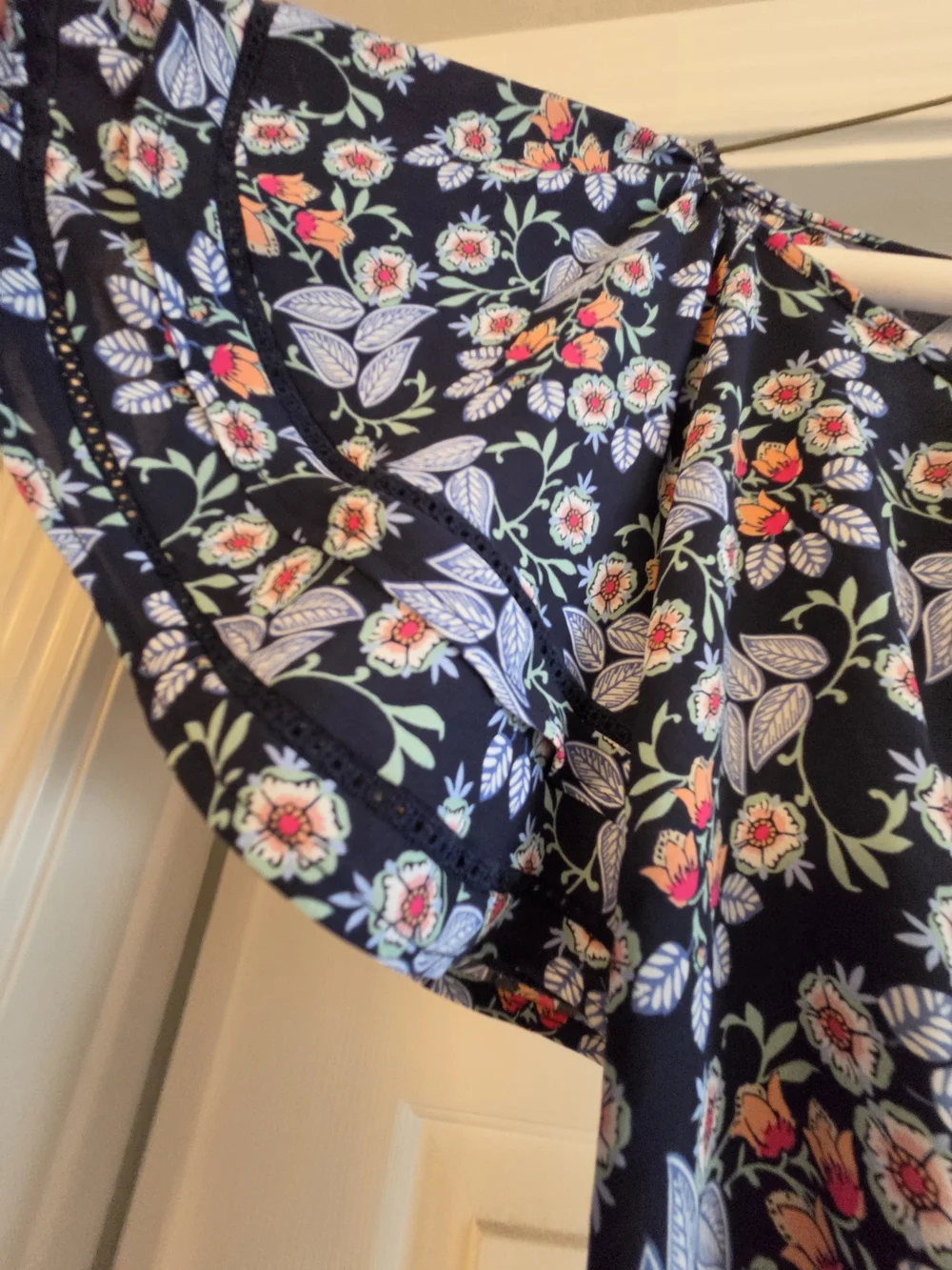 LOFT Navy Floral Peasant Blouse with Pink & Green Accents